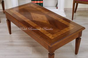 Rectangular living room coffee table in classic style solid walnut with olive wood inlays and drawer